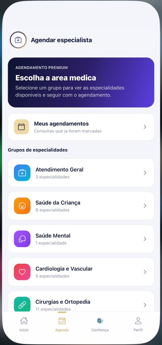 Agendamento de especialidades no aplicativo ConfiaPlus