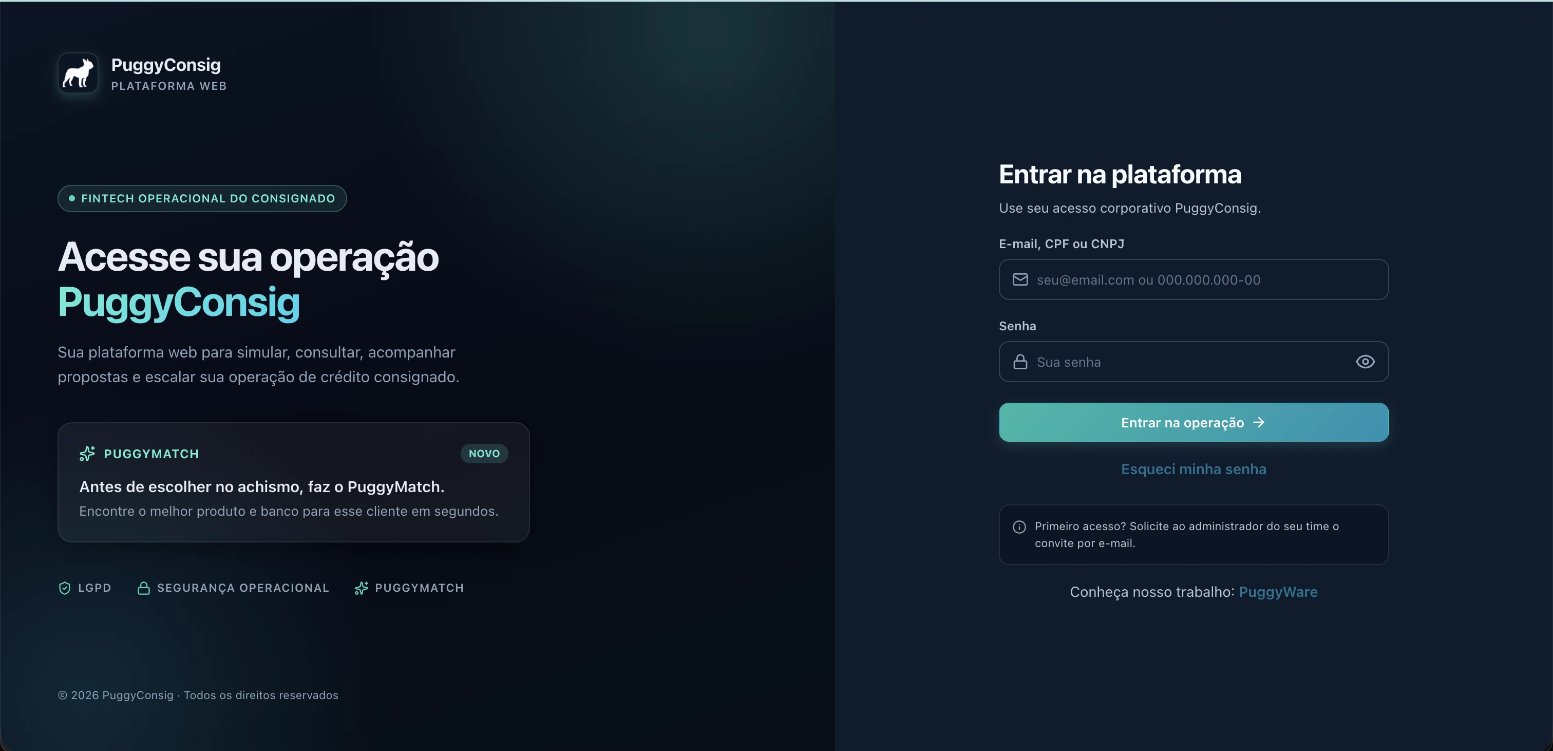 Tela de acesso à plataforma PuggyConsig